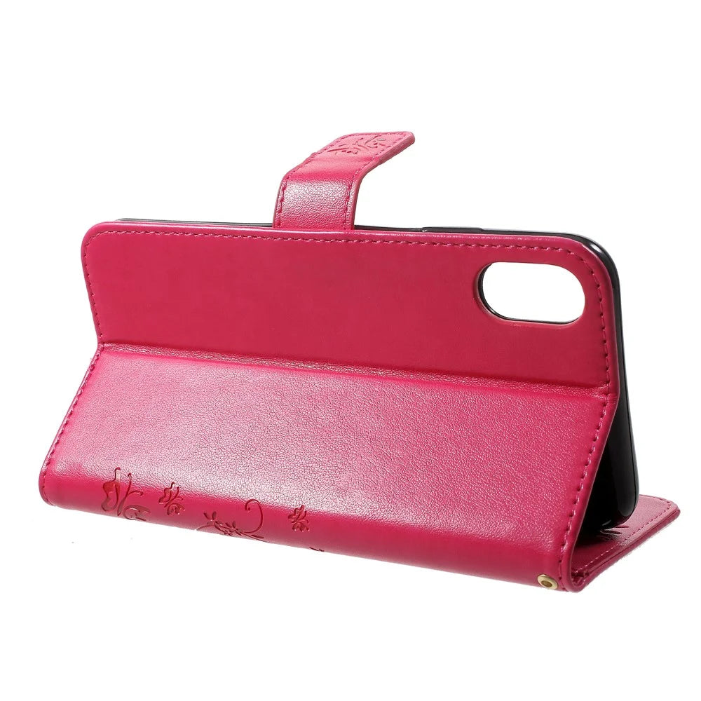 For iPhone XS Max 6.5 inch Imprint Butterfly Flower Stand Wallet Leather Cover with Strap - Rose - 4