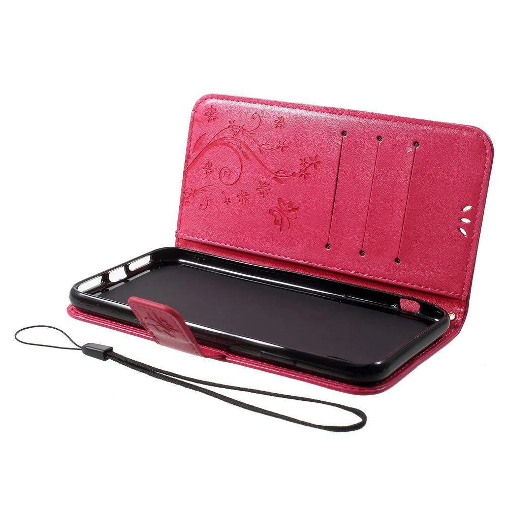 For iPhone XS Max 6.5 inch Imprint Butterfly Flower Stand Wallet Leather Cover with Strap - Rose - 5
