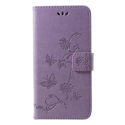 For iPhone XR 6.1 inch Imprint Butterfly Flower Wallet Stand Leather Mobile Shell - Light Purple - 1