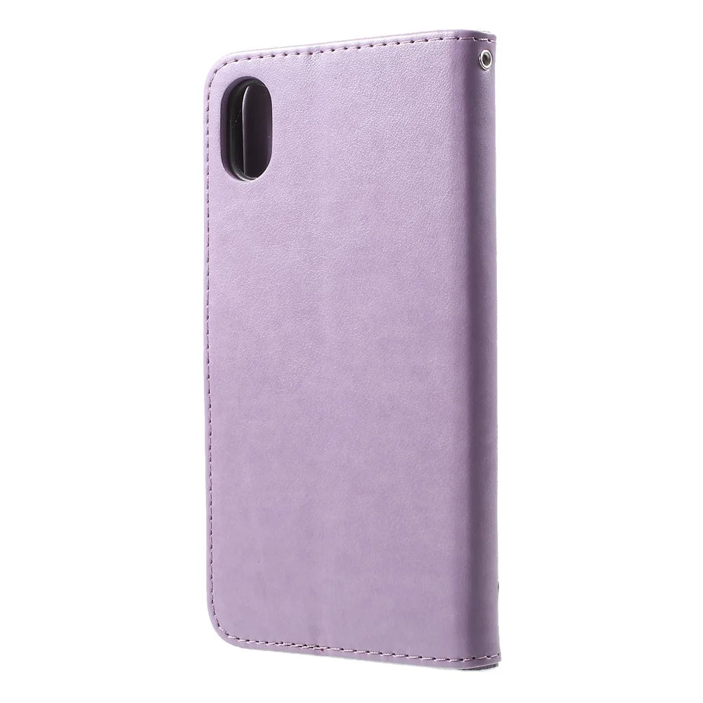 For iPhone XR 6.1 inch Imprint Butterfly Flower Wallet Stand Leather Mobile Shell - Light Purple - 2