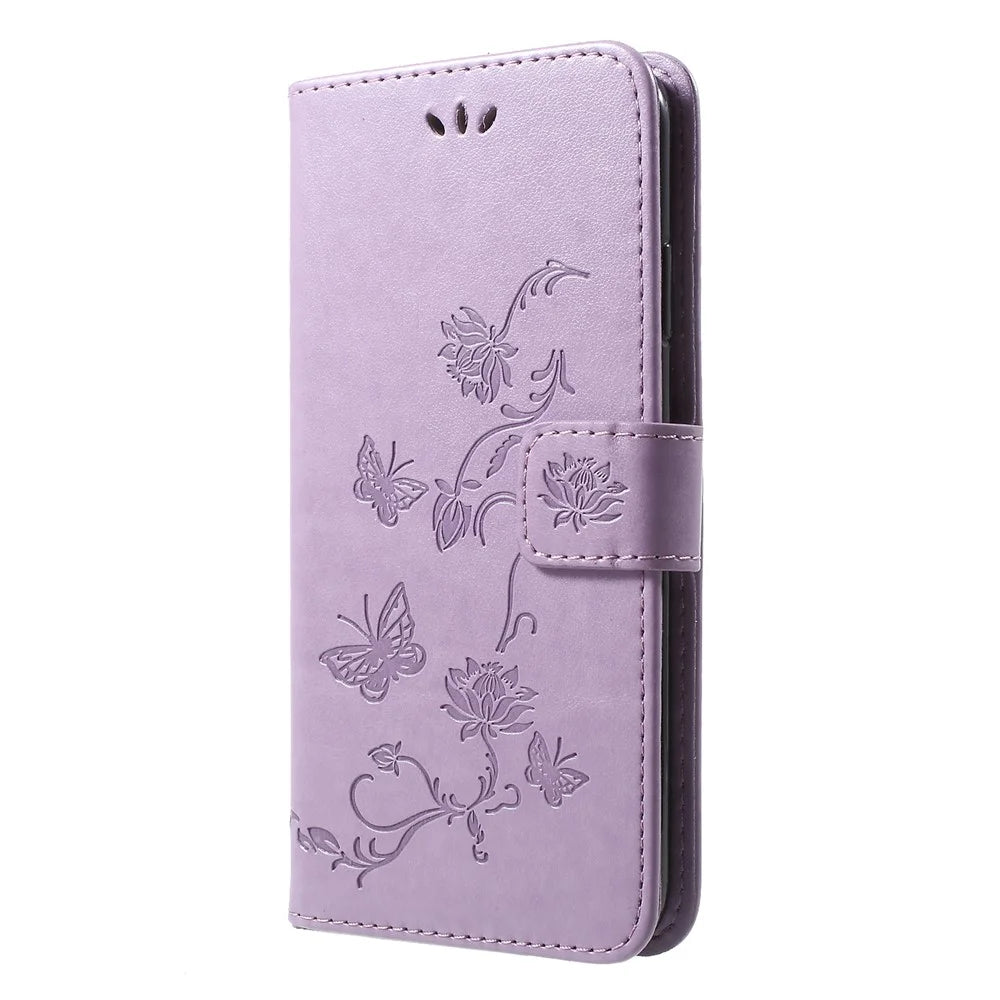 For iPhone XR 6.1 inch Imprint Butterfly Flower Wallet Stand Leather Mobile Shell - Light Purple - 3