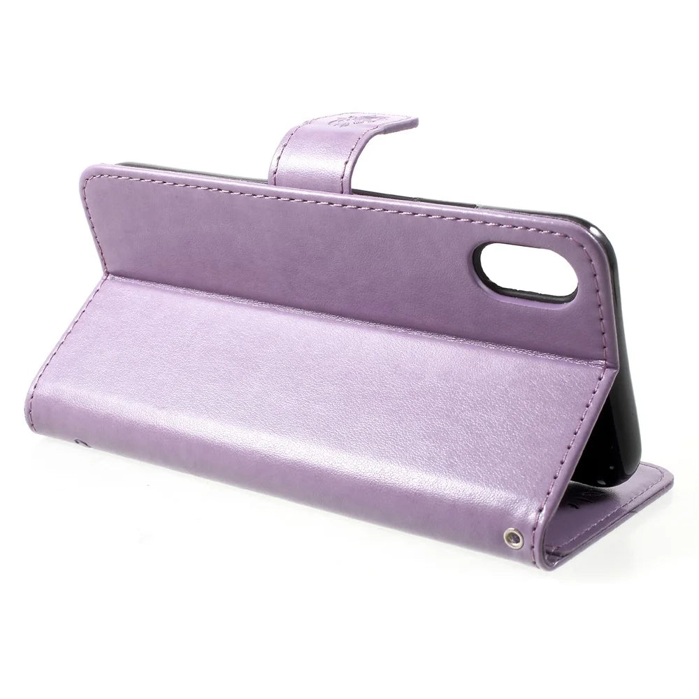 For iPhone XR 6.1 inch Imprint Butterfly Flower Wallet Stand Leather Mobile Shell - Light Purple - 4