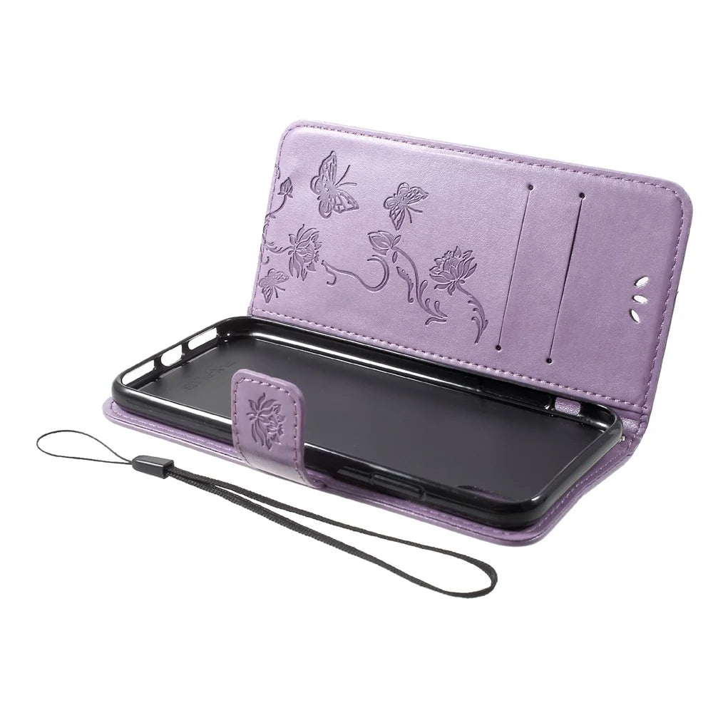 For iPhone XR 6.1 inch Imprint Butterfly Flower Wallet Stand Leather Mobile Shell - Light Purple - 5