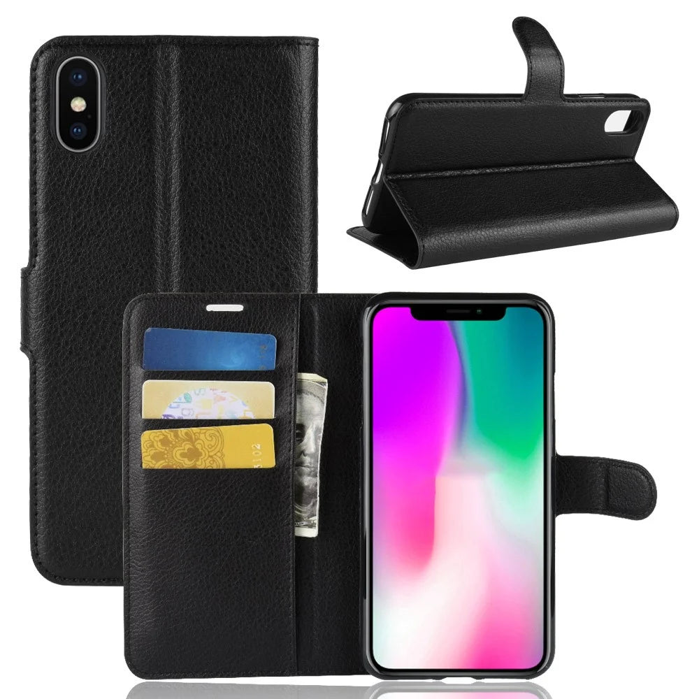 For iPhone XR 6.1 inch Folio Flip Litchi Texture Leather Wallet Stand Cell Phone Cover Shell - Black - 1
