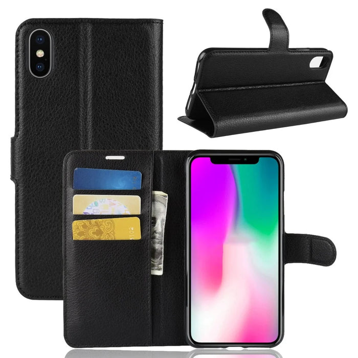 For iPhone XR 6.1 inch Folio Flip Litchi Texture Leather Wallet Stand Cell Phone Cover Shell - Black - 1