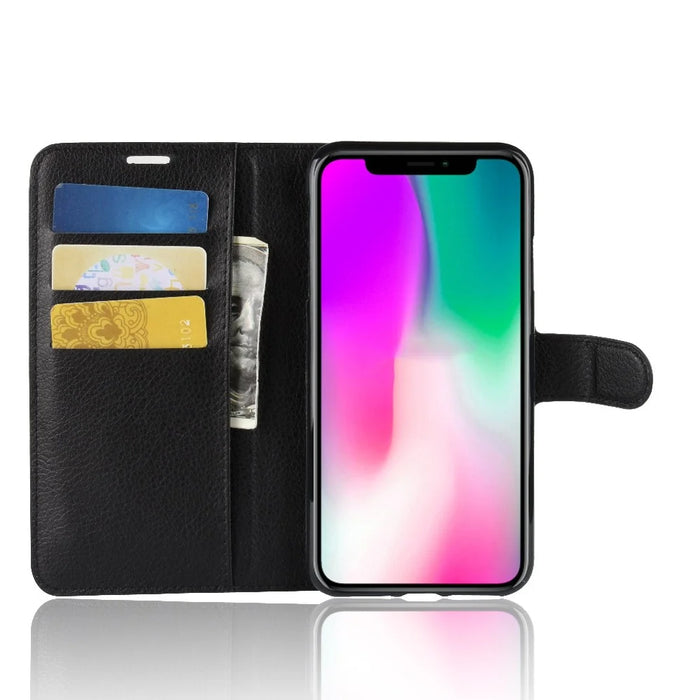 For iPhone XR 6.1 inch Folio Flip Litchi Texture Leather Wallet Stand Cell Phone Cover Shell - Black - 4