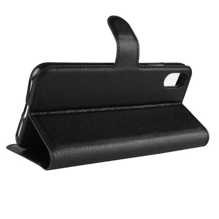 For iPhone XR 6.1 inch Folio Flip Litchi Texture Leather Wallet Stand Cell Phone Cover Shell - Black - 5