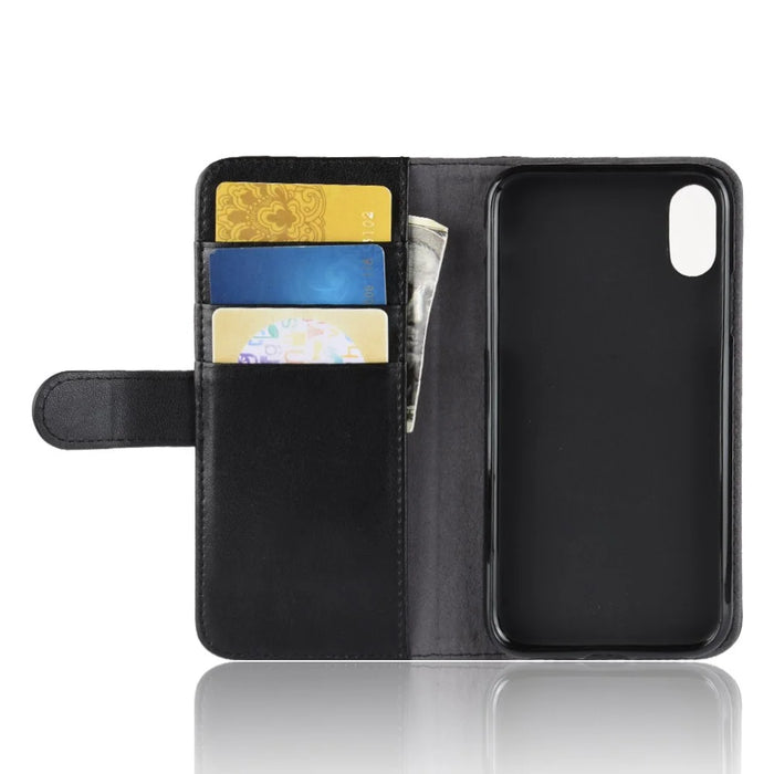 For iPhone XR Phone Cases Genuine Split Leather Wallet Mobile Cover Stand - Black - 5