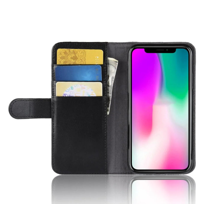 For iPhone XR Phone Cases Genuine Split Leather Wallet Mobile Cover Stand - Black - 6