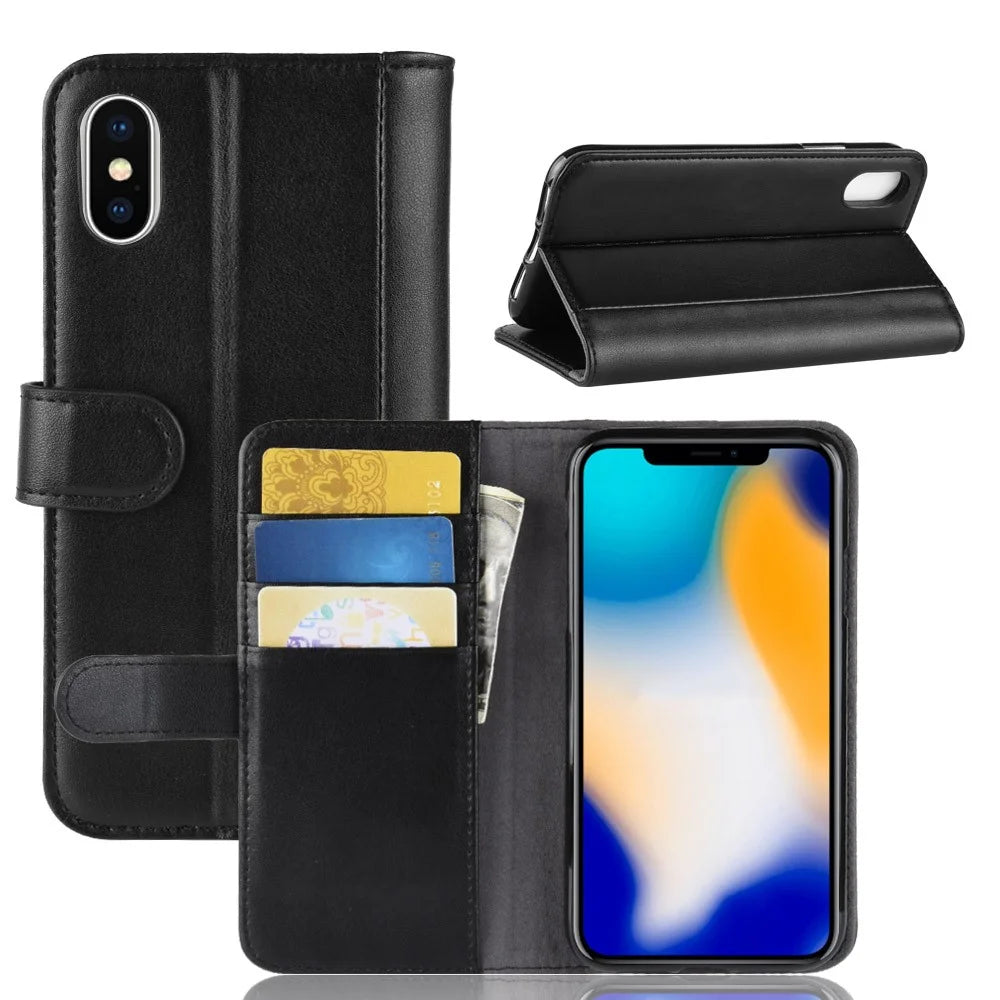 For iPhone XS Max Phone Cases Genuine Split Leather Wallet Mobile Cover Stand - Black - 1