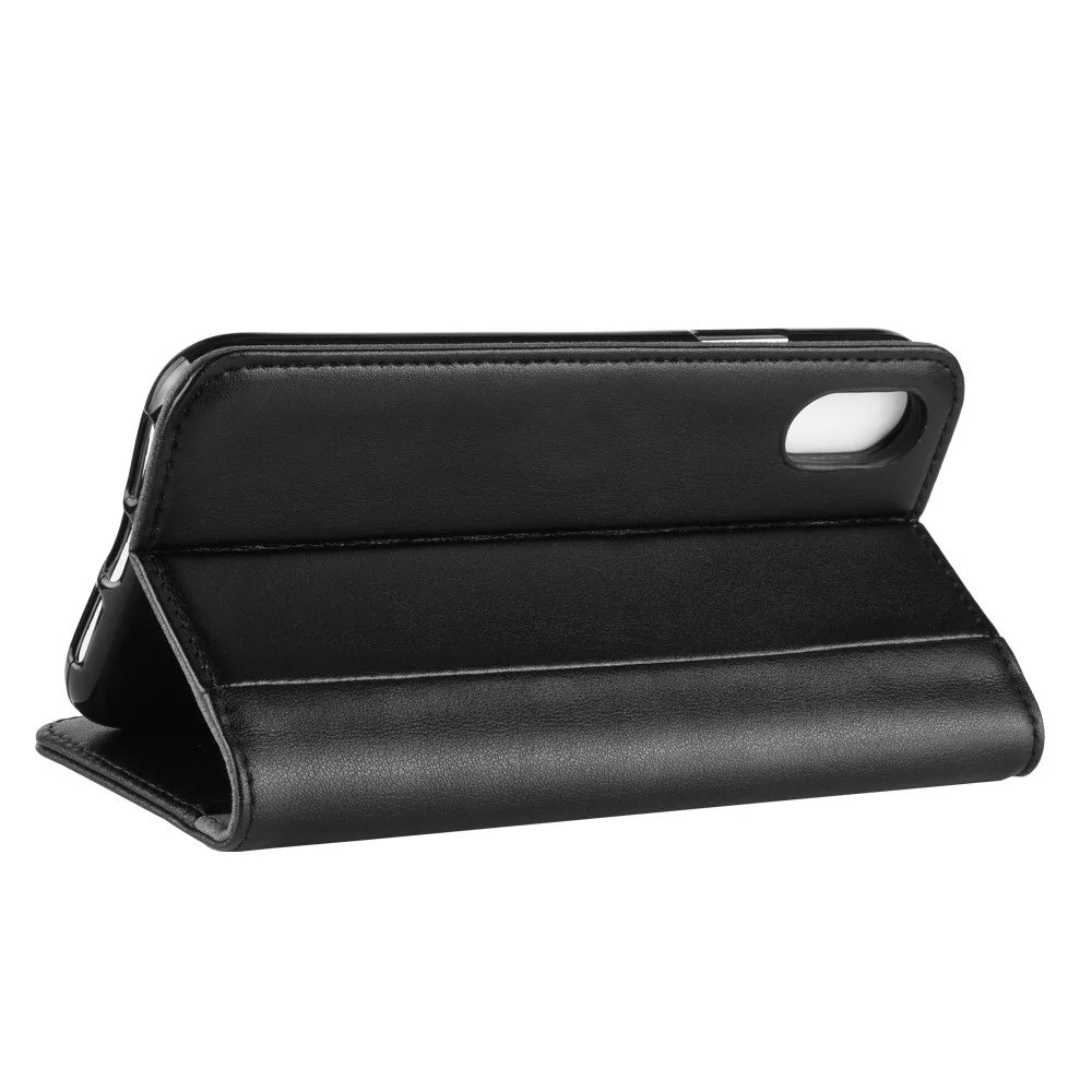 For iPhone XS Max Phone Cases Genuine Split Leather Wallet Mobile Cover Stand - Black - 5