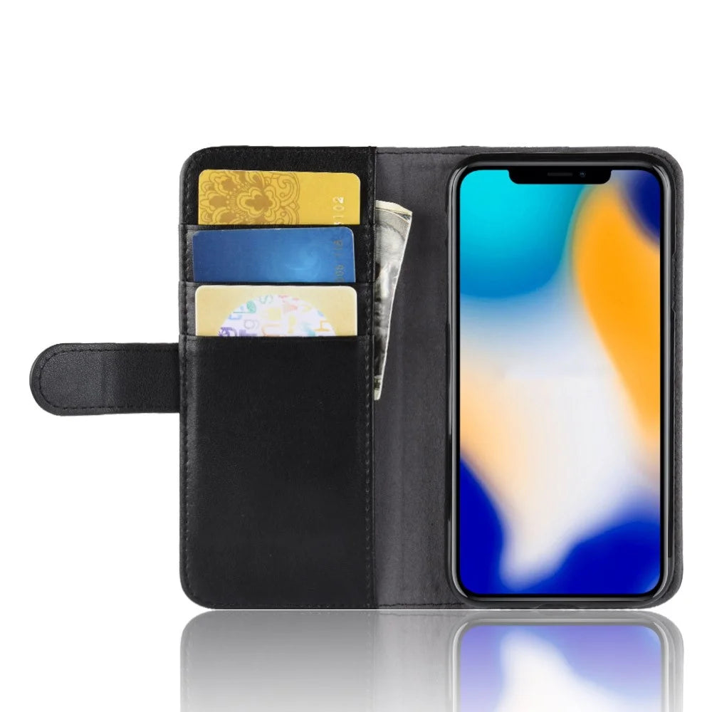 For iPhone XS Max Phone Cases Genuine Split Leather Wallet Mobile Cover Stand - Black - 6