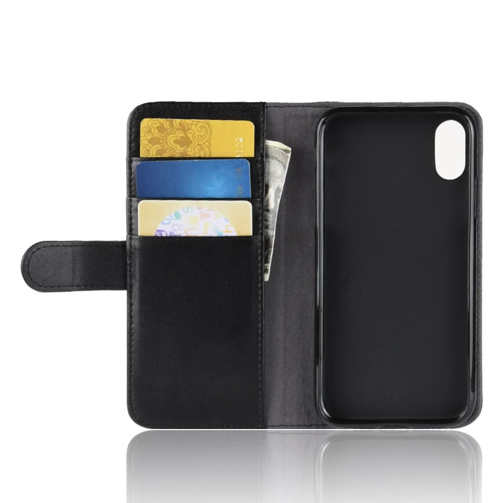 For iPhone XS Max Phone Cases Genuine Split Leather Wallet Mobile Cover Stand - Black - 7
