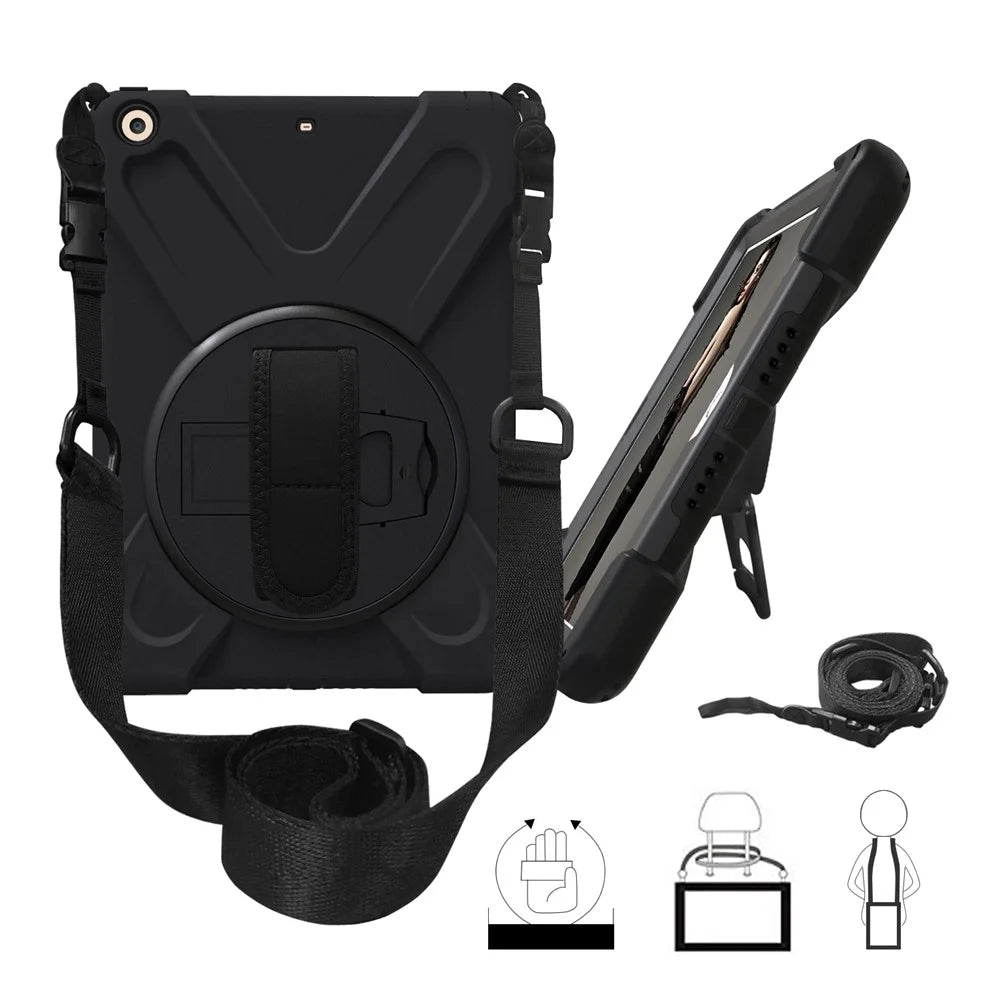 For iPad 9.7 (2018) / 9.7 (2017) X-Shape 360 Degree Swivel PC + TPU Combo Kickstand Case  with Shoulder Strap - All Black - 1