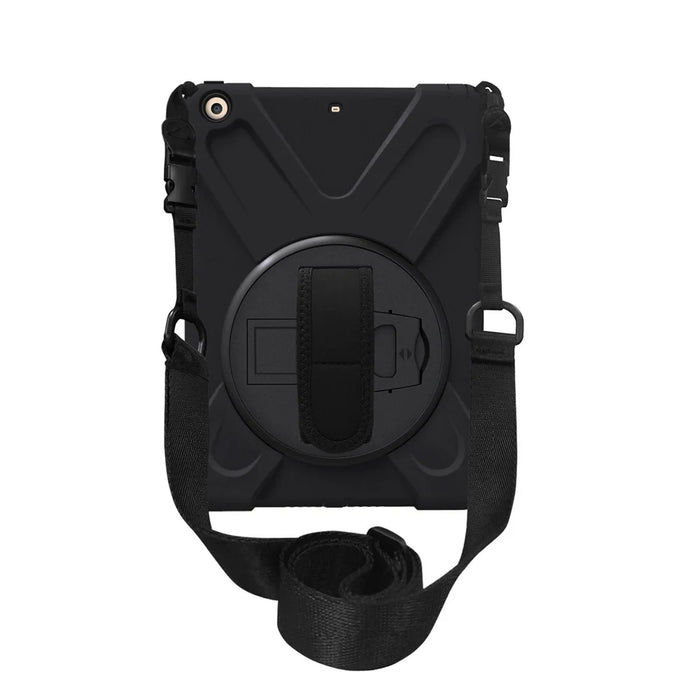 For iPad 9.7 (2018) / 9.7 (2017) X-Shape 360 Degree Swivel PC + TPU Combo Kickstand Case  with Shoulder Strap - All Black - 3