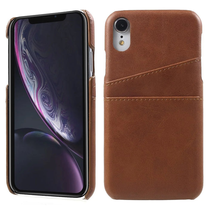 Double Card Slots Holders PU Leather Coated PC Cell Phone Casing for iPhone XR 6.1-inch - Coffee - 1