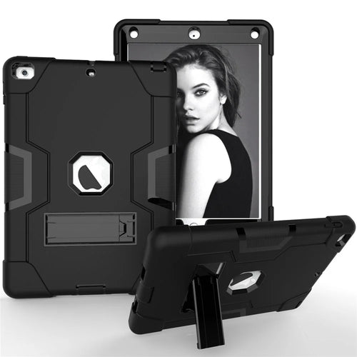 For iPad 9.7-inch (2018)/iPad 9.7-inch (2017) Bi-color PC Silicone Tablet Case Kickstand Anti-drop Hybrid Cover  - All Black - 1