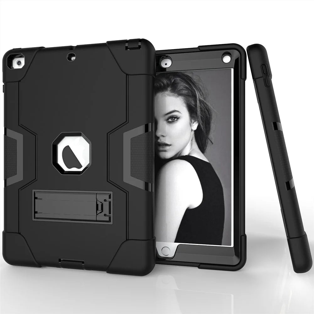 For iPad 9.7-inch (2018)/iPad 9.7-inch (2017) Bi-color PC Silicone Tablet Case Kickstand Anti-drop Hybrid Cover  - All Black - 2