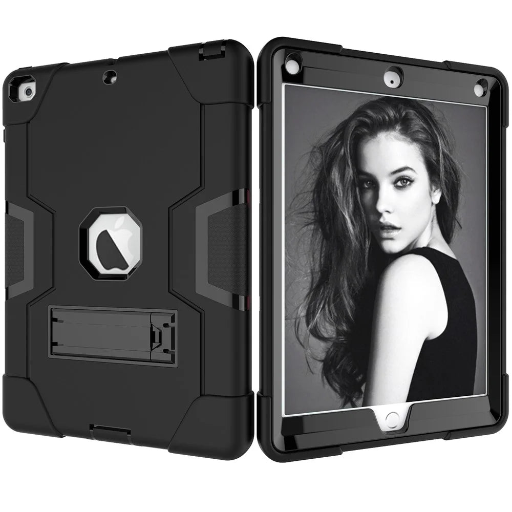For iPad 9.7-inch (2018)/iPad 9.7-inch (2017) Bi-color PC Silicone Tablet Case Kickstand Anti-drop Hybrid Cover  - All Black - 3