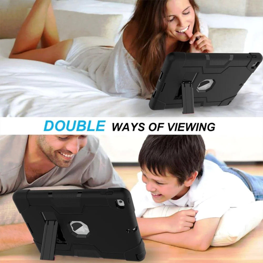 For iPad 9.7-inch (2018)/iPad 9.7-inch (2017) Bi-color PC Silicone Tablet Case Kickstand Anti-drop Hybrid Cover  - All Black - 5