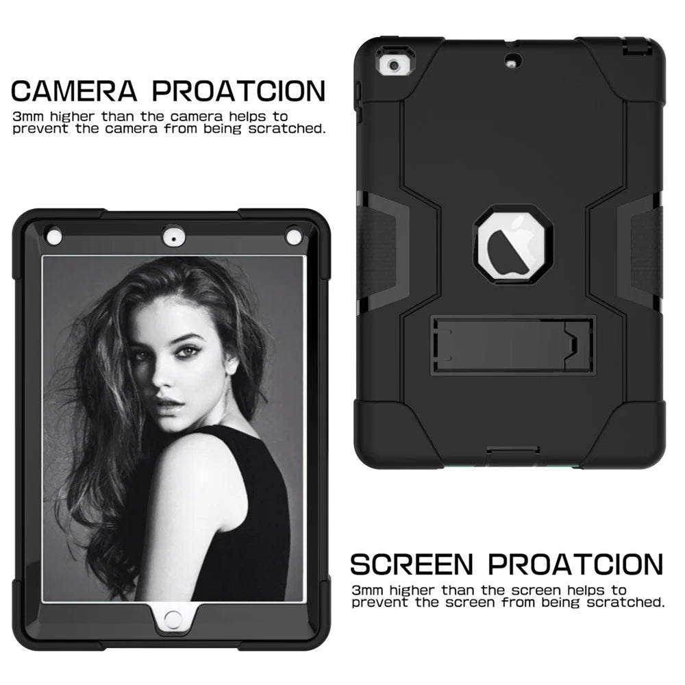 For iPad 9.7-inch (2018)/iPad 9.7-inch (2017) Bi-color PC Silicone Tablet Case Kickstand Anti-drop Hybrid Cover  - All Black - 6