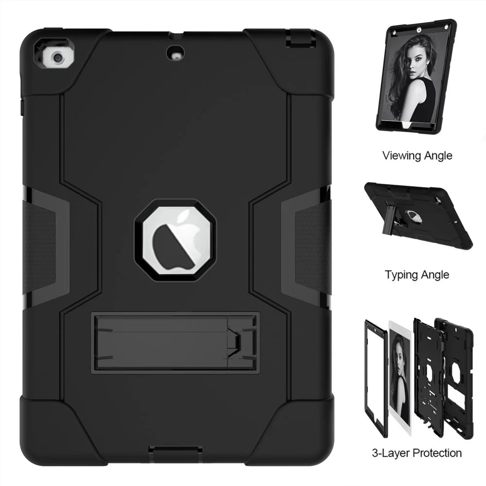 For iPad 9.7-inch (2018)/iPad 9.7-inch (2017) Bi-color PC Silicone Tablet Case Kickstand Anti-drop Hybrid Cover  - All Black - 7