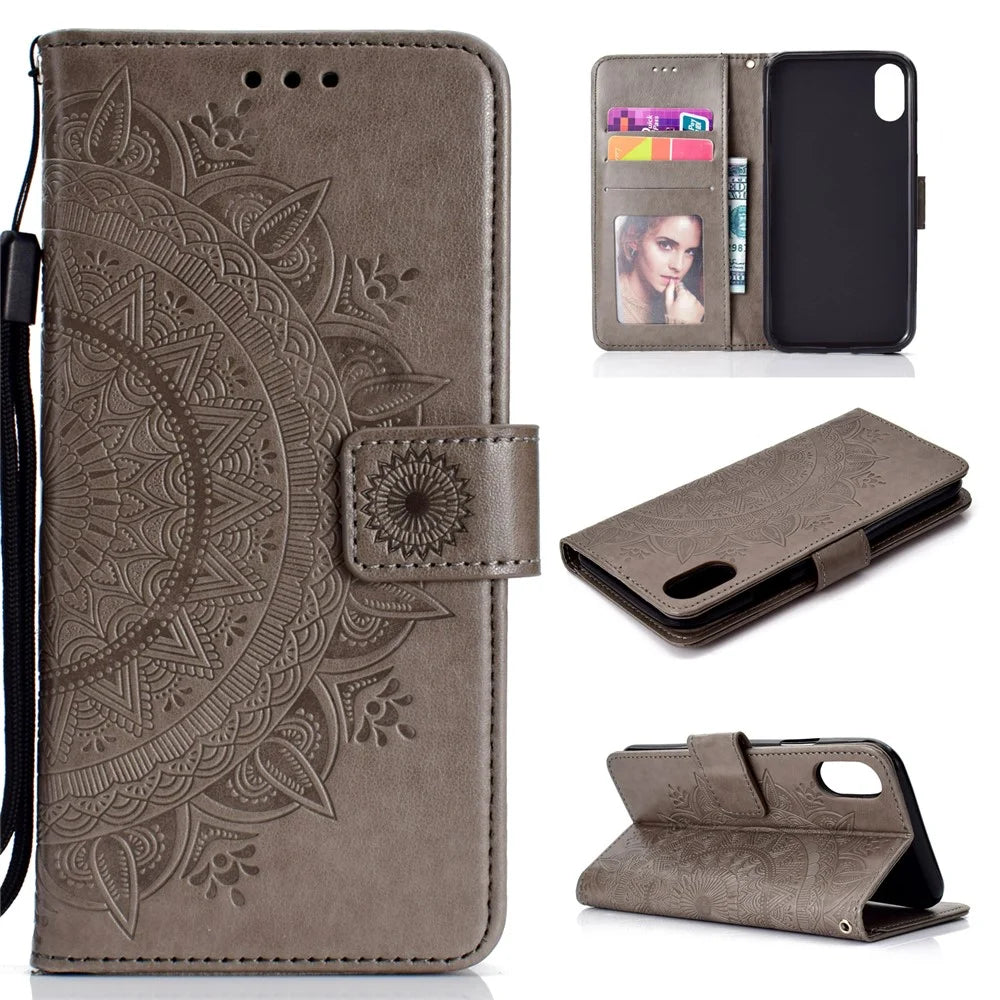 Imprinted Mandala Pattern Wallet Leather Case for iPhone XS Max 6.5 inch - Grey - 1