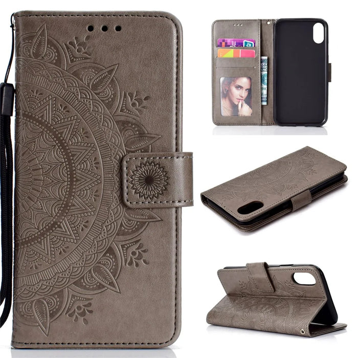 Imprinted Mandala Pattern Wallet Leather Case for iPhone XS Max 6.5 inch - Grey - 1