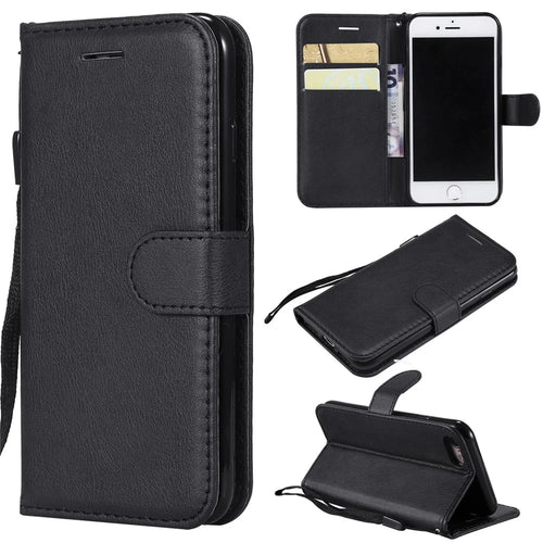 For iPhone 7 / 8 / SE (2022) / SE (2020) Case Solid Color Leather Mobile Cover Wallet Stand with Strap - Black - 1