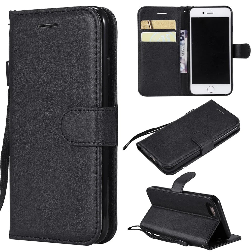 For iPhone 7 / 8 / SE (2022) / SE (2020) Case Solid Color Leather Mobile Cover Wallet Stand with Strap - Black - 1