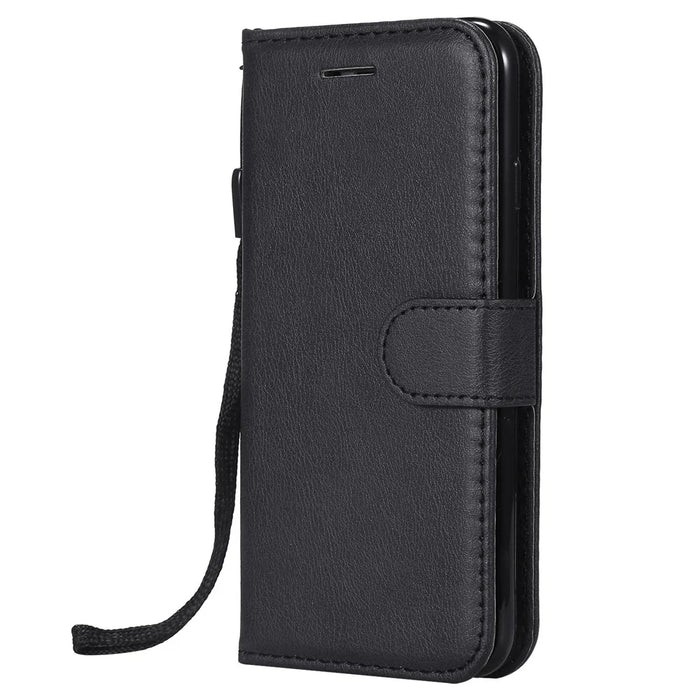 For iPhone 7 / 8 / SE (2022) / SE (2020) Case Solid Color Leather Mobile Cover Wallet Stand with Strap - Black - 2