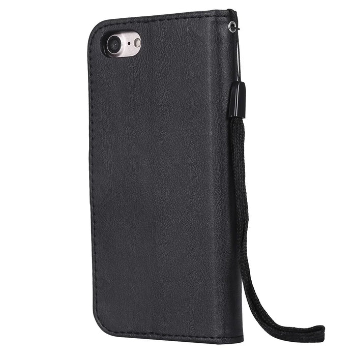 For iPhone 7 / 8 / SE (2022) / SE (2020) Case Solid Color Leather Mobile Cover Wallet Stand with Strap - Black - 3