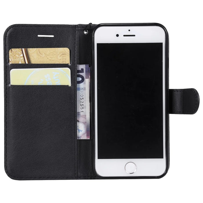 For iPhone 7 / 8 / SE (2022) / SE (2020) Case Solid Color Leather Mobile Cover Wallet Stand with Strap - Black - 4