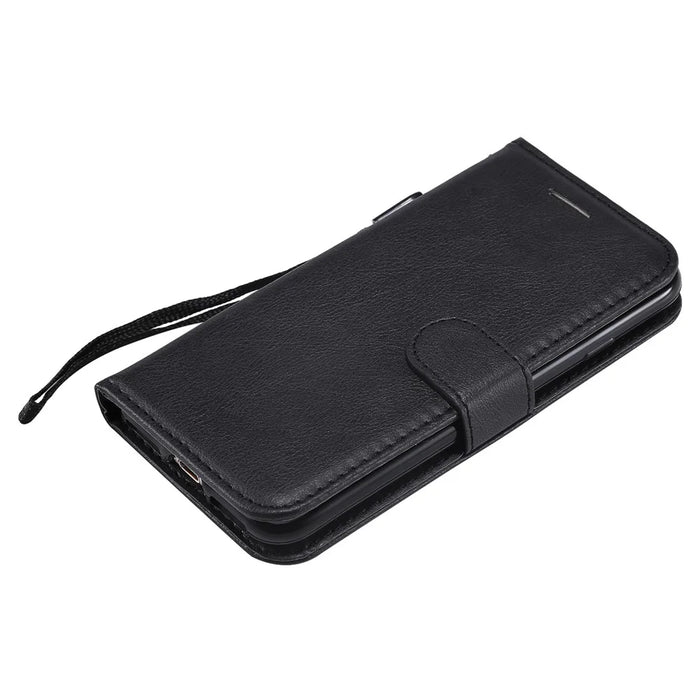 For iPhone 7 / 8 / SE (2022) / SE (2020) Case Solid Color Leather Mobile Cover Wallet Stand with Strap - Black - 5