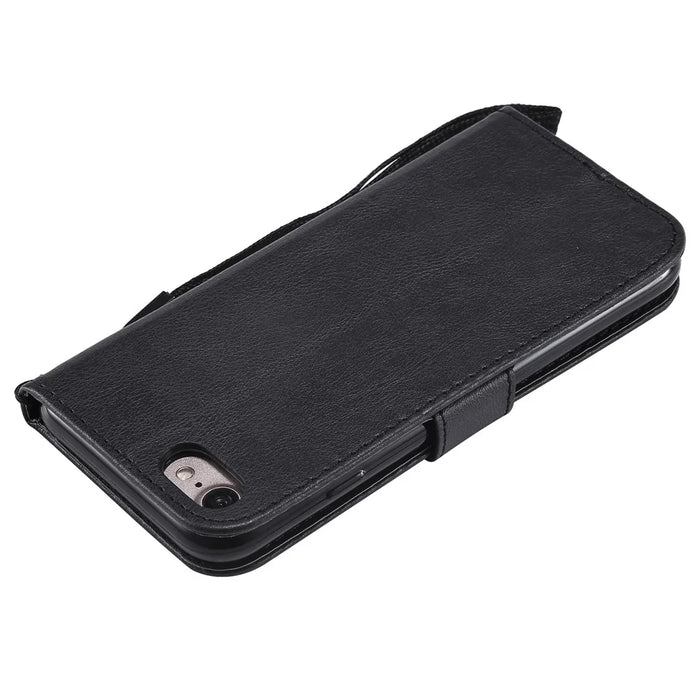 For iPhone 7 / 8 / SE (2022) / SE (2020) Case Solid Color Leather Mobile Cover Wallet Stand with Strap - Black - 6