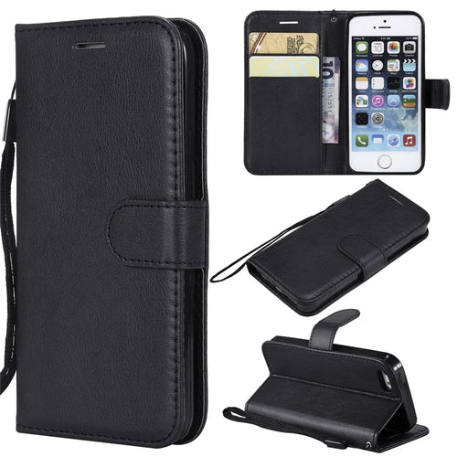 For iPhone SE / 5s / 5 Case Solid Color Leather Mobile Cover Wallet Stand with Strap - Black - 1