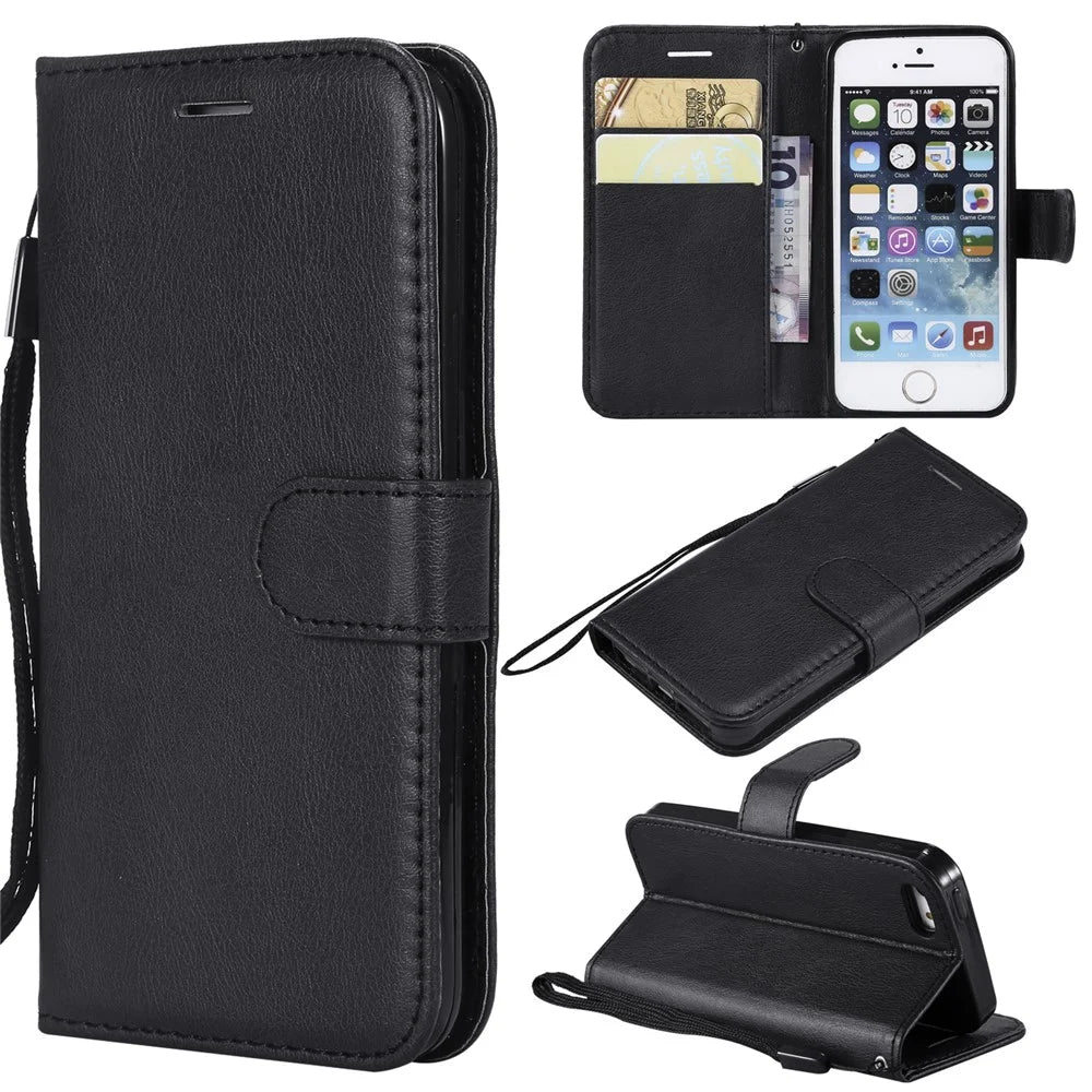 For iPhone SE / 5s / 5 Case Solid Color Leather Mobile Cover Wallet Stand with Strap - Black - 1