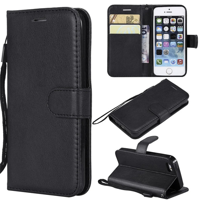 For iPhone SE / 5s / 5 Case Solid Color Leather Mobile Cover Wallet Stand with Strap - Black - 1