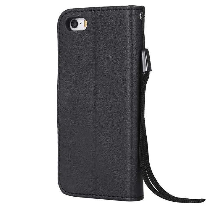 For iPhone SE / 5s / 5 Case Solid Color Leather Mobile Cover Wallet Stand with Strap - Black - 5