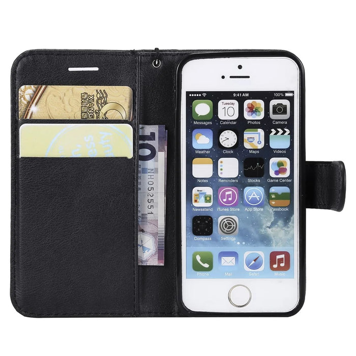 For iPhone SE / 5s / 5 Case Solid Color Leather Mobile Cover Wallet Stand with Strap - Black - 6