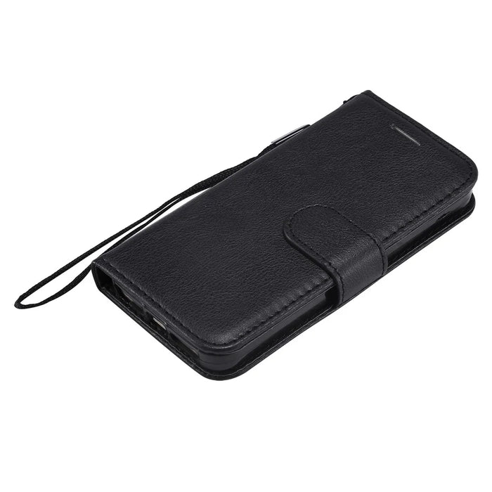 For iPhone SE / 5s / 5 Case Solid Color Leather Mobile Cover Wallet Stand with Strap - Black - 7