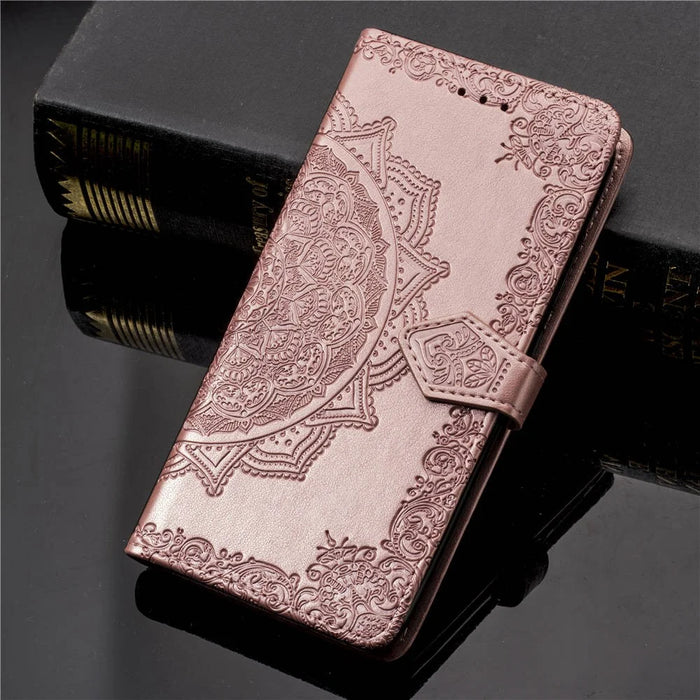 Imprinted Half Mandala Flower Wallet Leather Cell Phone Case for iPhone XS Max 6.5 inch - Rose Gold - 1