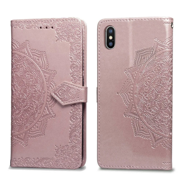 Imprinted Half Mandala Flower Wallet Leather Cell Phone Case for iPhone XS Max 6.5 inch - Rose Gold - 2