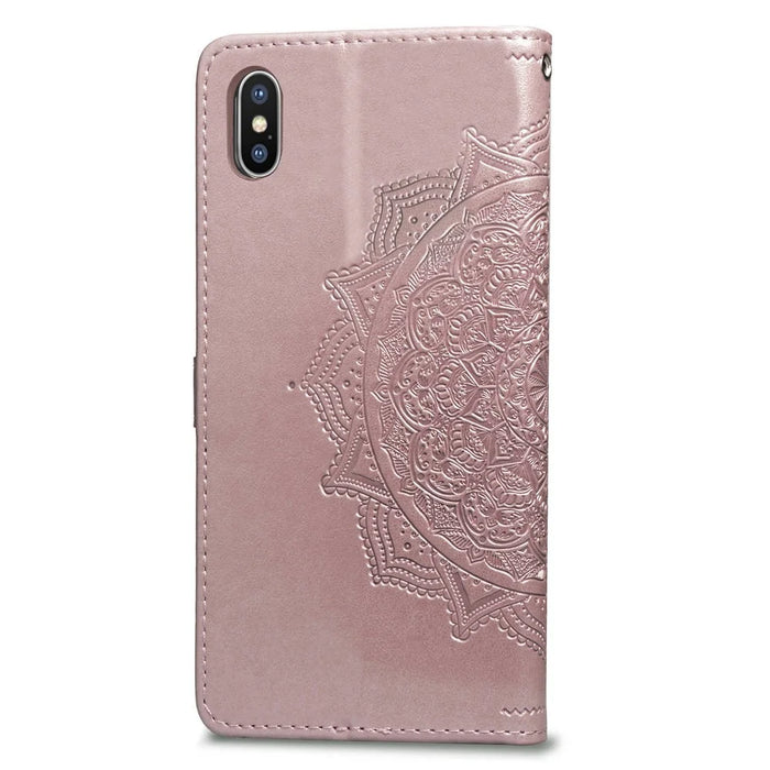 Imprinted Half Mandala Flower Wallet Leather Cell Phone Case for iPhone XS Max 6.5 inch - Rose Gold - 4