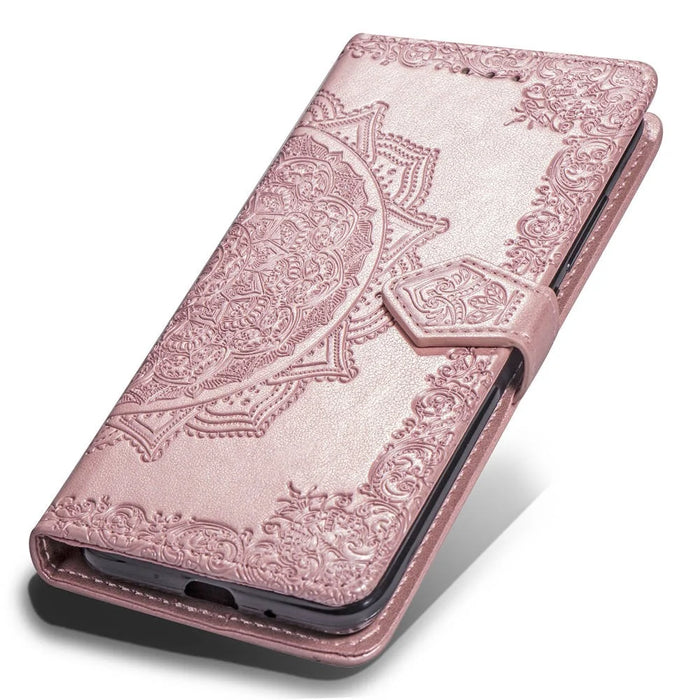 Imprinted Half Mandala Flower Wallet Leather Cell Phone Case for iPhone XS Max 6.5 inch - Rose Gold - 5