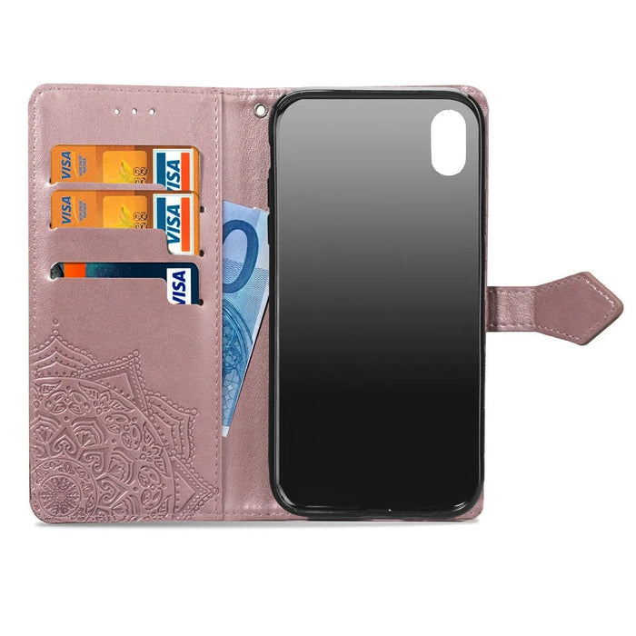 Imprinted Half Mandala Flower Wallet Leather Cell Phone Case for iPhone XS Max 6.5 inch - Rose Gold - 6