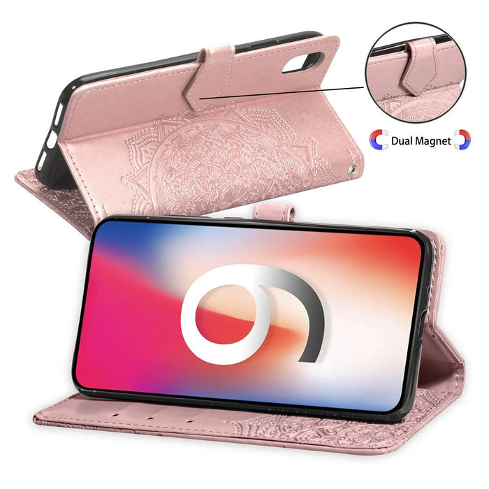 Imprinted Half Mandala Flower Wallet Leather Cell Phone Case for iPhone XS Max 6.5 inch - Rose Gold - 7
