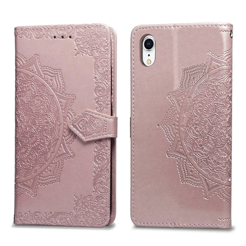 Imprinted Half Mandala Flower Leather Wallet Stand Phone Casing for iPhone XR 6.1 inch - Rose Gold - 1