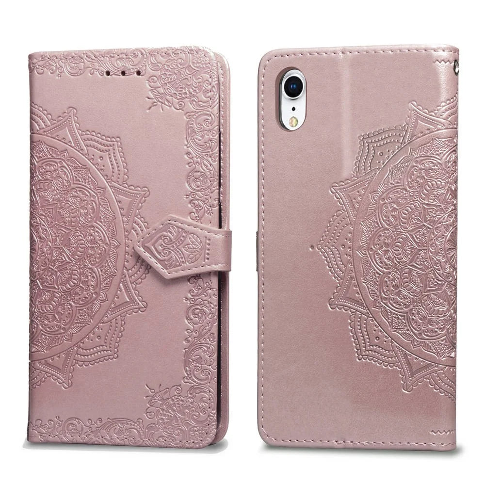 Imprinted Half Mandala Flower Leather Wallet Stand Phone Casing for iPhone XR 6.1 inch - Rose Gold - 1