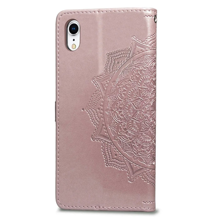 Imprinted Half Mandala Flower Leather Wallet Stand Phone Casing for iPhone XR 6.1 inch - Rose Gold - 5